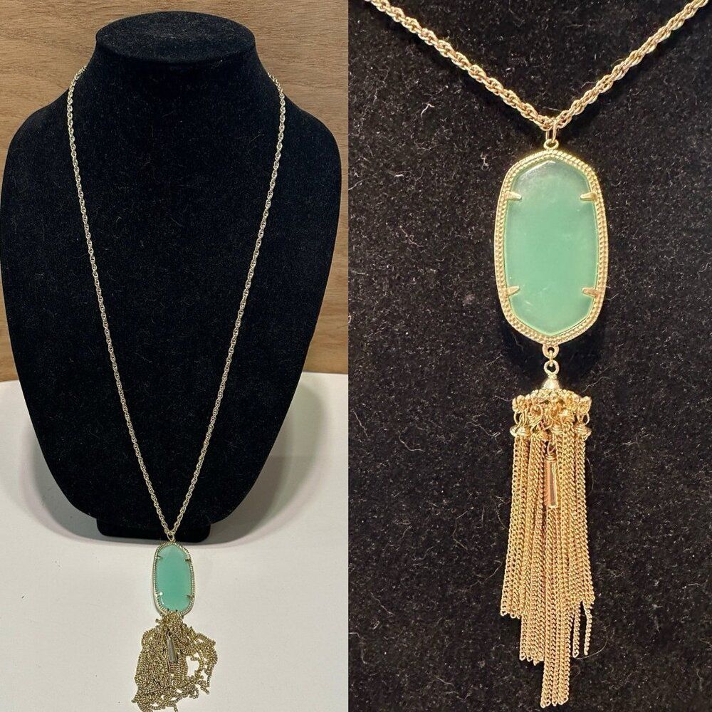 Kendra Scott Rayne Gold Long Pendant Tassel Statement Necklace Green Beachy Boho